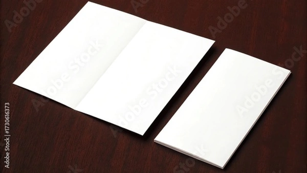 Fototapeta Blank folded brochure and a stack of paper on a dark wooden table
