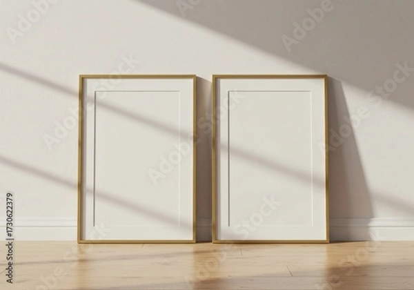 Obraz Two Gold-Framed Blank Art Prints Leaning Against White Wall, Sunlight Shadows.