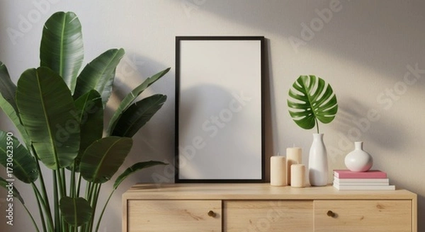 Obraz Vertical Black Frame Mockup on Wooden Sideboard with Tropical Plants and Decor