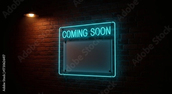 Obraz Vibrant Cyan Neon 'Coming Soon' Sign on Dark Brick Wall with Warm Spotlight