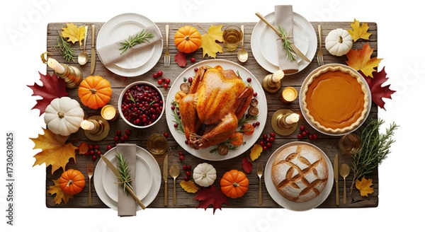 Fototapeta A festive Thanksgiving dinner spread with a roasted turkey, pumpkin pie, cranberry sauce, and seasonal decorations on a rustic wooden table