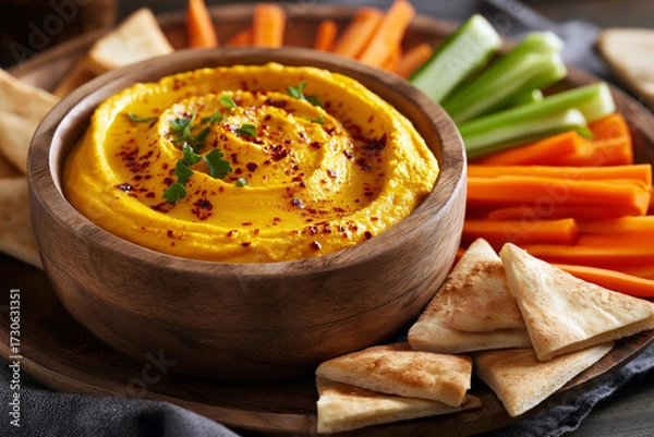 Fototapeta Pumpkin hummus served in a bowl with pita bread and vegetable sticks, bright healthy snack setup.