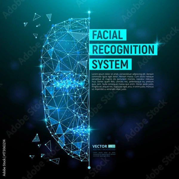 Obraz Identyfikacja biometryczna lub koncepcja systemu rozpoznawania twarzy. Ilustracja wektorowa ludzkiej twarzy składająca się z wielokątów, punktów i linii z miejscem na Twój tekst na białym tle na ciemnym niebieskim tle