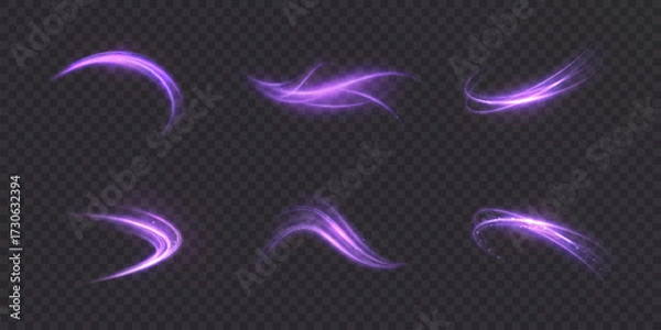 Fototapeta Set of glowing purple light swirls and curved trails on transparent dark background. Light effect for digital motion design, overlays and abstract energy effects.	