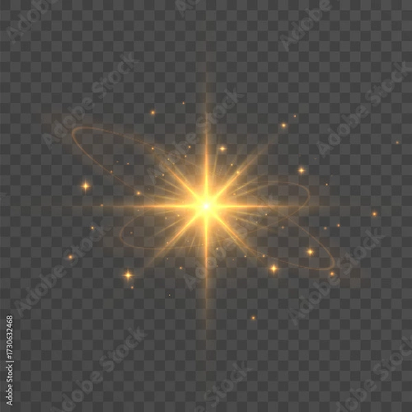 Fototapeta Bright golden Christmas star glow with sparkling light rays and festive shine on transparent background