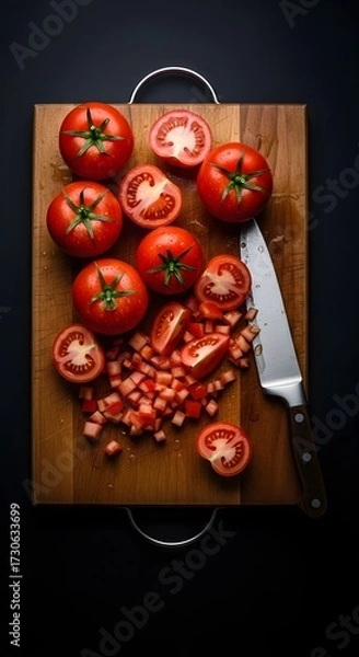 Obraz Wooden cutting board with sliced tomatoes
