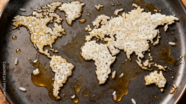 Fototapeta World map made of rice on a frying pan with oil