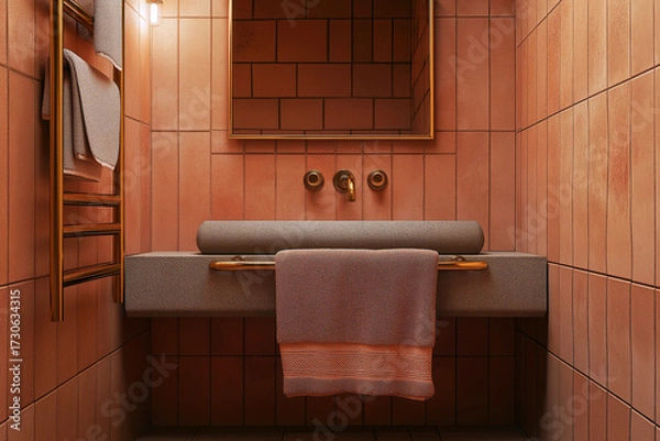 Fototapeta Artistic bathroom with a warm terracotta color scheme, handcrafted ceramic sink, brass towel racks, and a unique tile pattern.