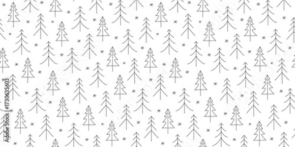 Obraz Winter black and white pattern. Forest, fir trees, snowflakes. Hand-drawn line icons of fir trees. Drawings, doodles. A simple seamless New Year's or Christmas background. 