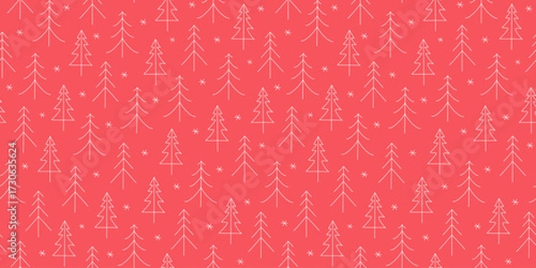 Obraz A simple winter pattern. Forest, fir trees, snowflakes. Hand-drawn line icons of fir trees. Drawings, doodles. Seamless New Year's, Christmas background. Suitable for any prints on fabric or paper.