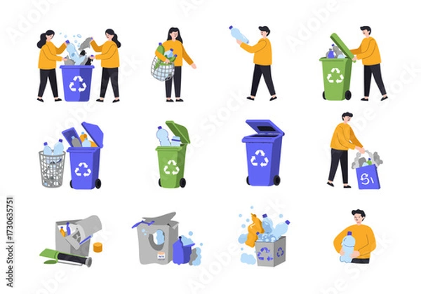 Obraz People recycle plastic waste into bins bags and boxes labeled with recycle icons