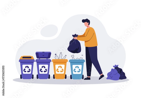 Obraz Person disposing of trash into recycling bins with glass paper and plastic