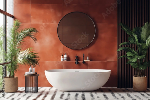 Fototapeta High-end modern bathroom with a bold terracotta statement wall, geometric floor tiles, and sophisticated decor elements.