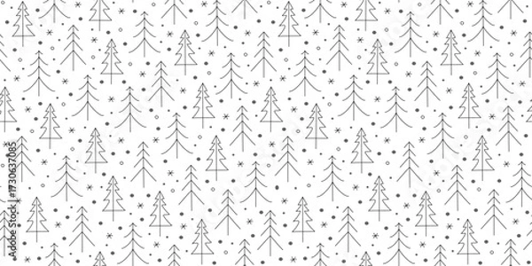 Obraz Christmas trees, snowflakes. Winter pattern, forest, snowfall. Hand-drawn trees, fir trees. Outline drawings, doodles. Simple seamless New Year and Christmas background. Suitable, holiday packaging.