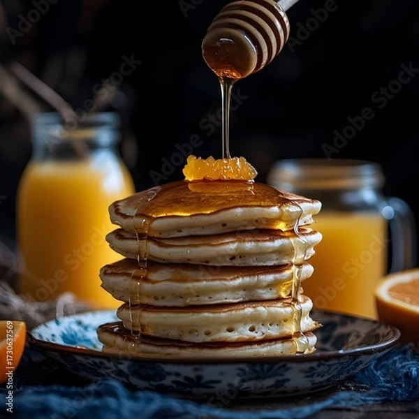 Obraz Photo of pancakes stacked high with honey drizzle, served with orange juice for breakfast