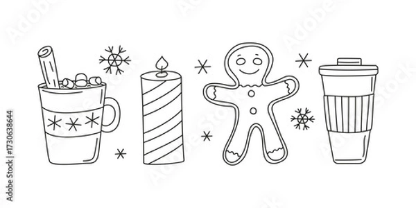 Obraz A cup of coffee, a hot drink with a cinnamon stick. Gingerbread man. A mug of tea. A burning candle. Winter season. A cozy set of linear icons. Hand lettering. Drawing, doodles.