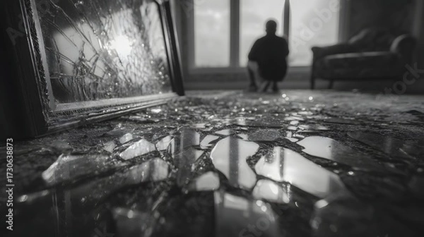 Fototapeta Somber Reflection in a Room with Broken Glass and Dim Light