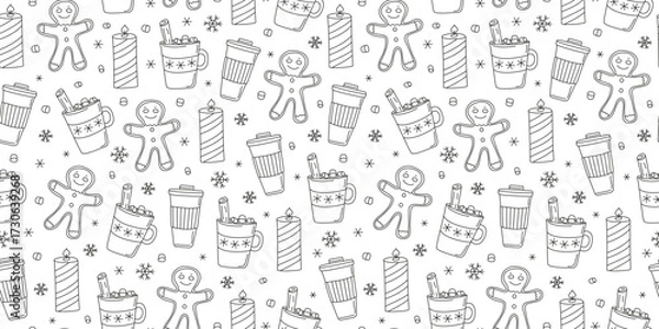 Obraz Pattern. Cup of coffee, hot drink with cinnamon stick. Gingerbread man. Mug of tea. Burning candle. Winter season. Cozy set of doodles. Seamless background.
