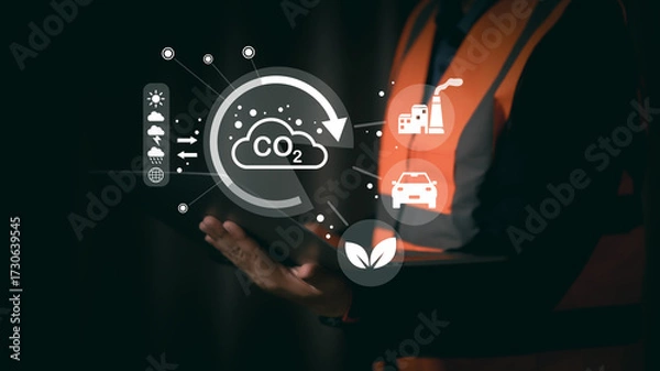 Fototapeta Engineer in safety vest using tablet with CO2 emission and sustainability icons, representing carbon footprint, environmental impact, green industry, renewable energy, and eco-friendly technology.