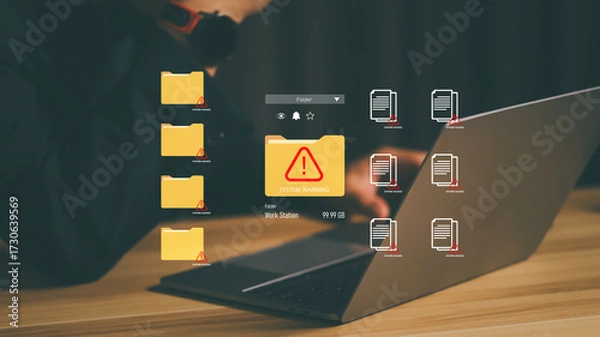 Fototapeta System warning alert on laptop screen with corrupted files and infected folders, representing data security risk, malware infection, cyber threat, and digital information vulnerability.