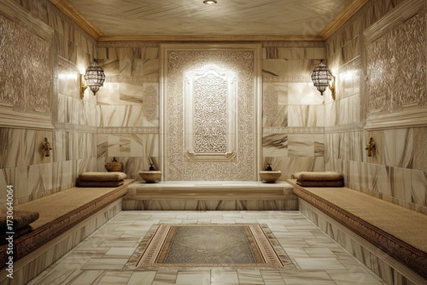 Fototapeta Interior of a traditional Turkish hammam with marble walls and patterns, relaxing atmosphere.