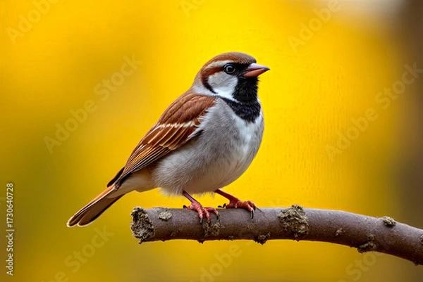 Fototapeta A sparrow sits on a twig in an autumn park.created with the help of artificial intelligence.