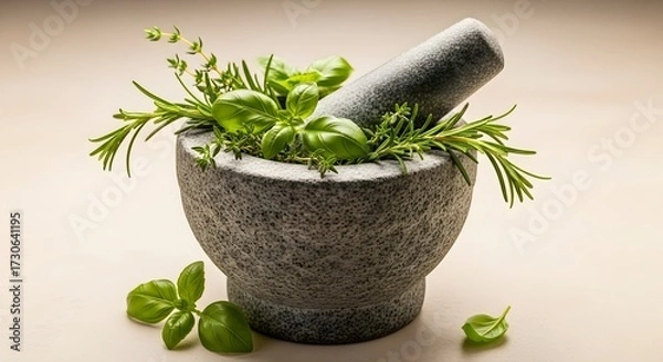 Obraz Mortar and pestle with fresh herbs