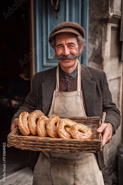 Fototapeta Turkish simit vendor holding a tray of sesame breads on the street, authentic portrait.