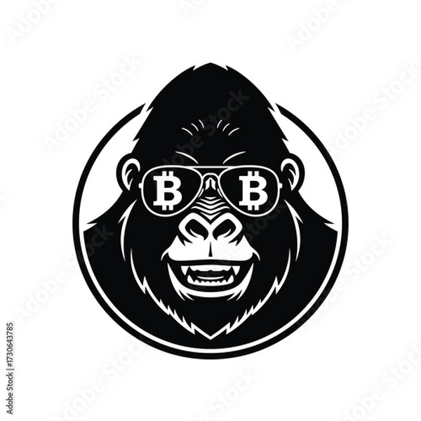 Fototapeta Bitcoin Sign Icon. Logo Gorilla Glasses. Head Monkey Design. Vector illustration