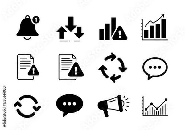 Obraz A set of business and communication icons, including notifications, downloads, graphs, documents, refresh symbols, speech bubbles, and megaphones, in a clean design.