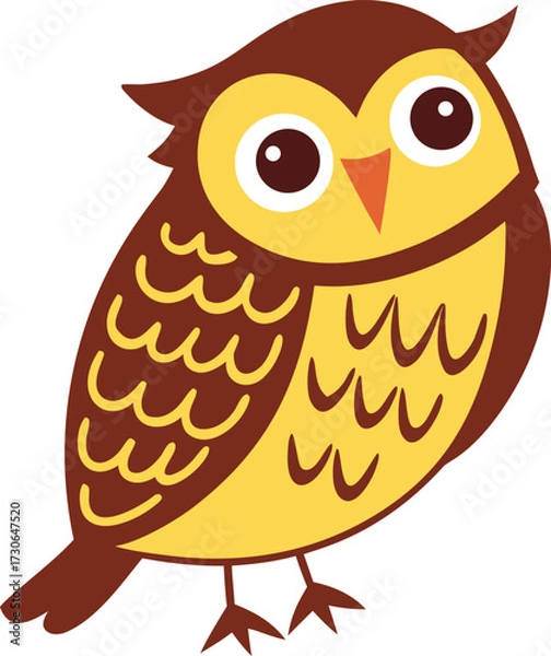 Fototapeta Stylized Cartoon Owl with Ear Tufts. Chocolate Brown and Yellow Owl Vector. Charming Owl Illustration for Kids.
