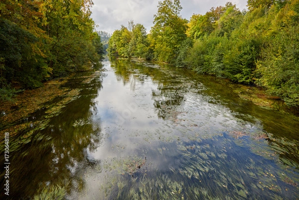 Fototapeta view on Moehne river at late summer time in Ense, Germany