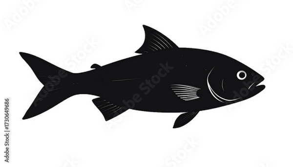 Fototapeta Simple Black Silhouette of Fish with Fins and Tail in Minimal Flat Design Isolated on Transparent Background