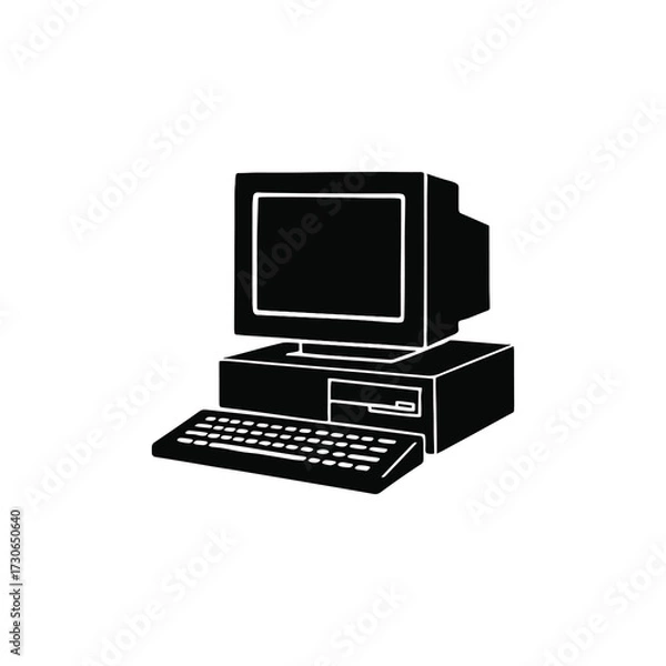 Fototapeta Retro PC Silhouette – CRT Monitor, Desktop Case with Floppy Drive and Keyboard