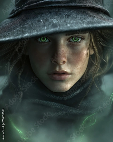 Fototapeta A close-up portrait of a young witch with pale skin and striking green eyes, wearing a wide-brimmed hat and dark cloak, standing in a misty forest.