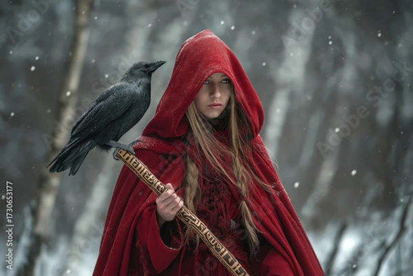 Fototapeta A witch in a red cloak walking through a snowy forest with a raven on her shoulder, holding a staff carved with runes.