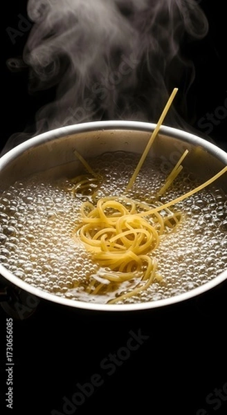 Obraz Stainless steel pot filled with boiling pasta, 