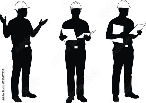 Fototapeta "Black and white construction worker silhouette vector set with hard hats, blueprints, gestures, engineering roles for industrial design use"