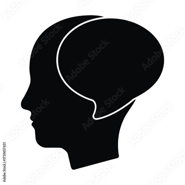 Fototapeta Black silhouette of a human head profile with a white speech bubble inside head silhouette