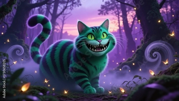Fototapeta Fantasy cartoon Cheshire Cat with green stripes grinning mischievously in a magical glowing forest at twilight