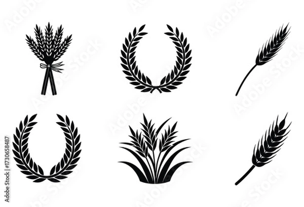 Obraz Wheat Ear, Rice Paddy, and Laurel Wreath Silhouette Icons