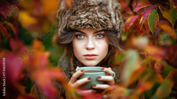 Fototapeta Portrait of a young woman in wool hat holding a cup of cocoa surrounded by autumn colors
