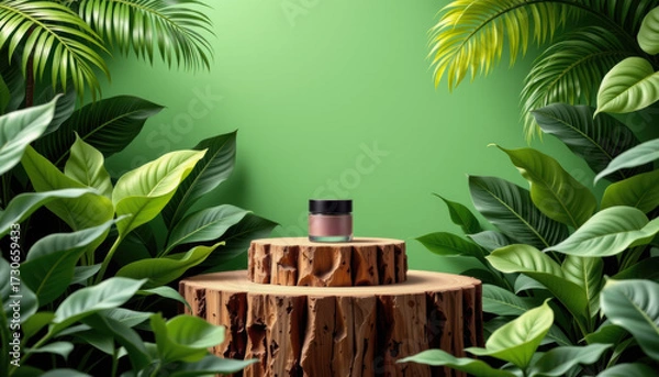 Fototapeta Tropical jungle product presentation with green plants and dais background for nature lovers