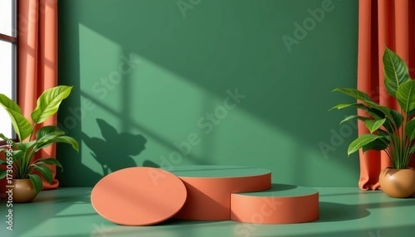 Fototapeta Tropical jungle podium mockup display green plant background presentation product in a vibrant environment