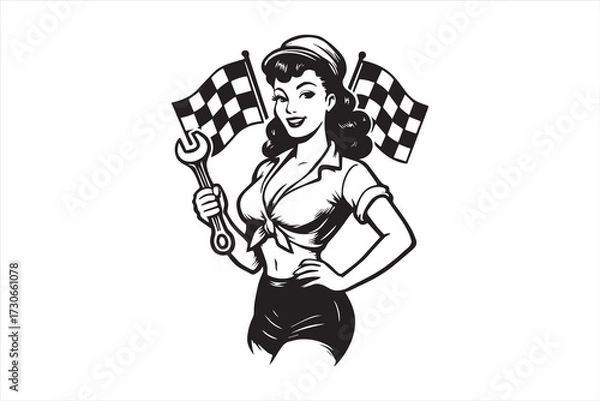 Obraz Vintage pin up girl mechanic holding wrench with checkered racing flags. Retro style illustration for garage, motorsport, racing emblem, automotive repair, or logo design.