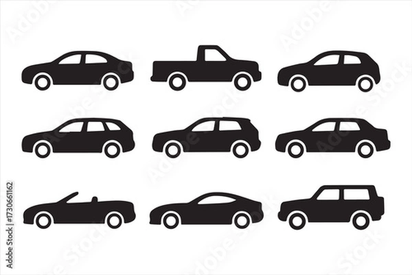 Obraz Set of car silhouettes including sedan, pickup, SUV, convertible, coupe, and hatchback. Vector automobile icons for transport, automotive, design, and vehicle illustration.