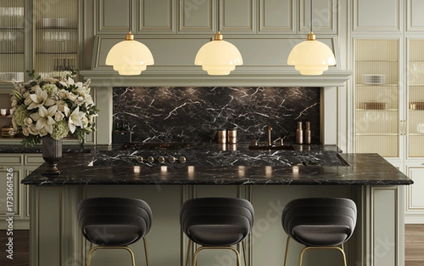 Fototapeta Luxury green kitchen with marble island and bar stools. Modern interior with pendant lights, dark countertop and elegant cabinetry