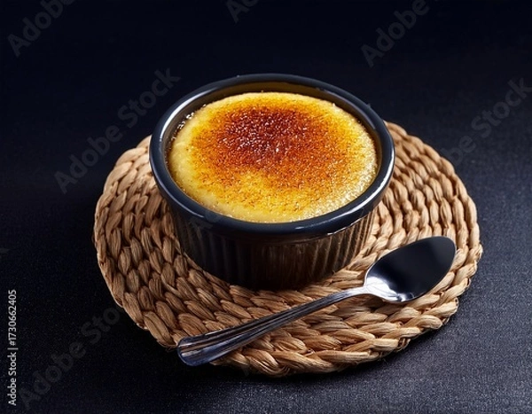 Fototapeta craume brarlace dessert in a black ramekin with caramelized sugar top on a woven coaster with a spoon beside against a dark background