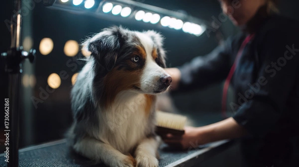 Fototapeta A dog being groomed at a professional salon, calm and relaxed under studio lighting while the groomer brushes its fur.