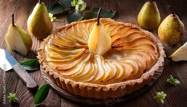 Fototapeta delicious pear tart topped with frangipani on a rustic wooden surface